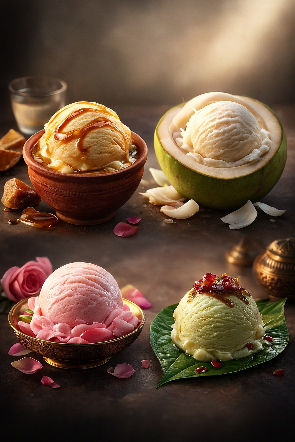 Assorted Kolkata Naturals ice cream scoops in a premium setting